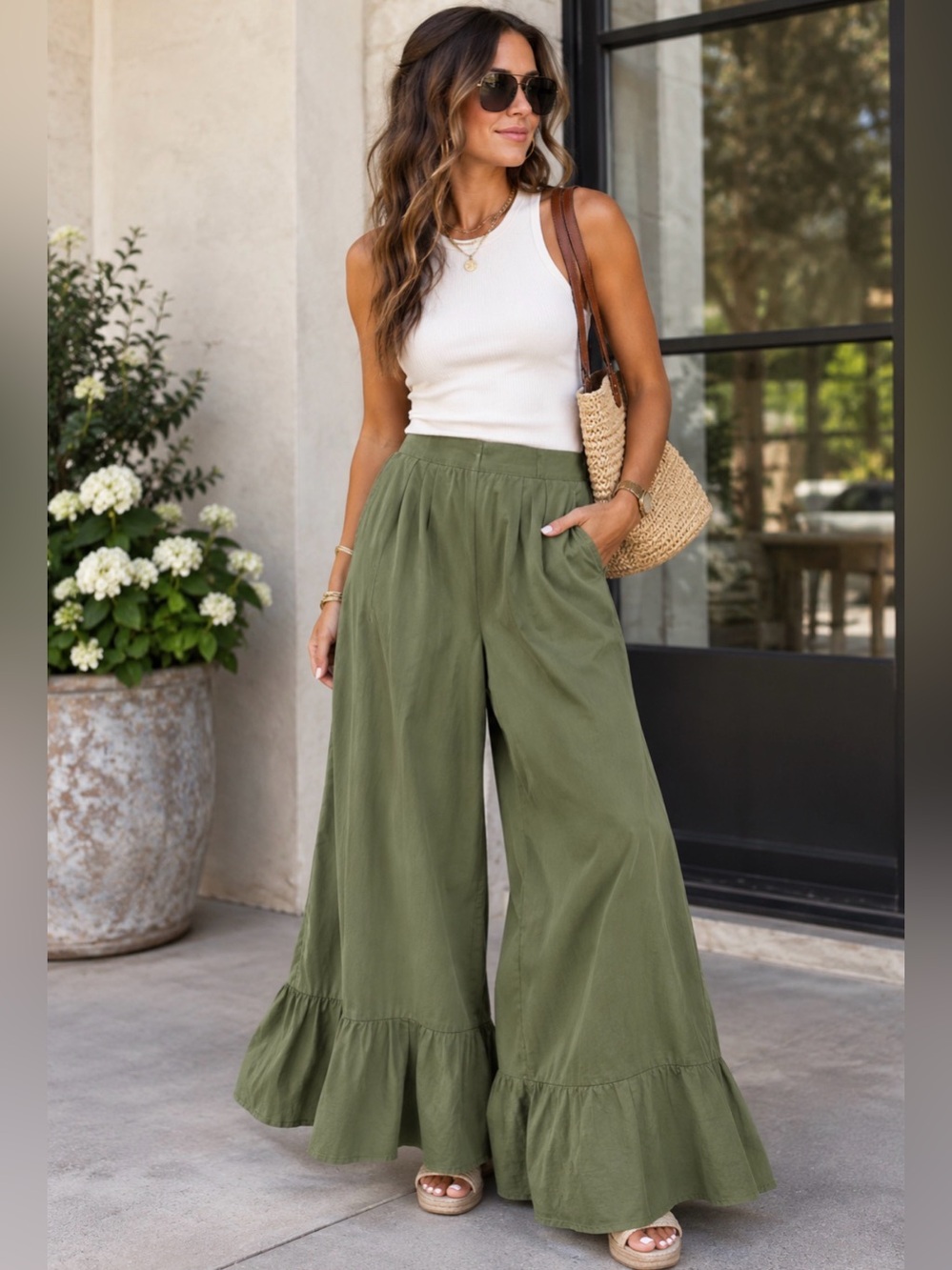 Sancia Wide Leg Ruffle Hem Pants in Olive Green